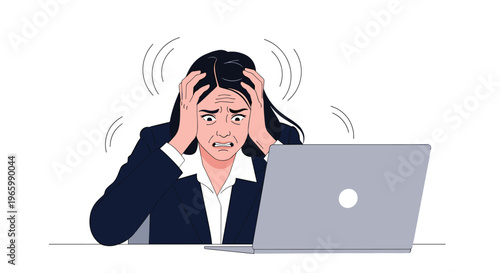 Young businesswoman in suit looking very stressed and panicked with hands on head while working on laptop computer.