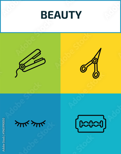 beauty outline icon set. 4 linear vector for ui, web and mobile. thin line hair straightener, manicure scissors, two eyelashes, big razor blade icons.