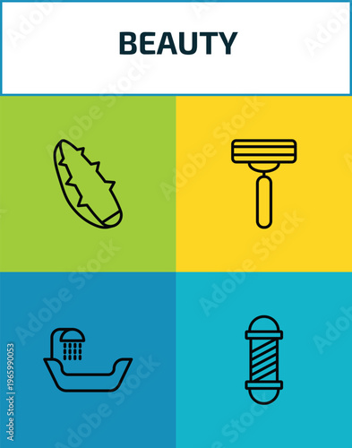 beauty outline icon set. 4 linear vector for ui, web and mobile. thin line aloe vera, disposable razor, hair washer sink, barber shop icons.
