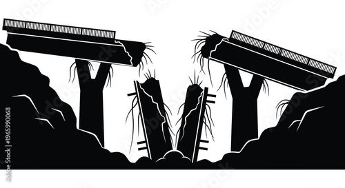 A stark black illustration depicts a broken bridge amidst fractured terrain creating a dramatic and symbolic silhouette high quality professional detailed