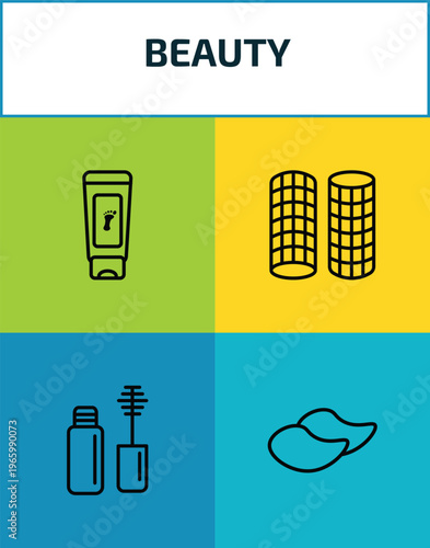 beauty outline icon set. 4 linear vector for ui, web and mobile. thin line feet cream, curler, mascara, patches icons.