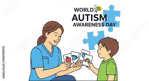 Therapist using flashcards to teach young boy in autism therapy