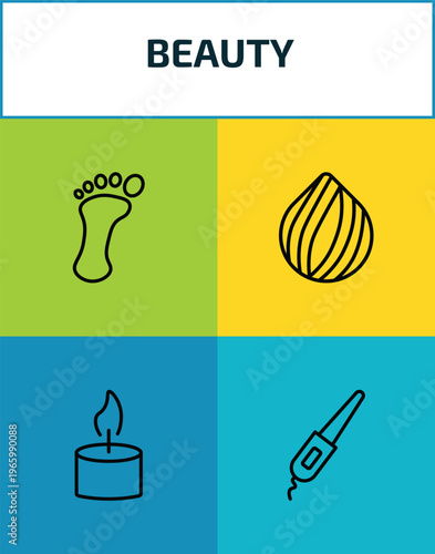 beauty outline icon set. 4 linear vector for ui, web and mobile. thin line one foot, hair sample, one candle, curlers icons.