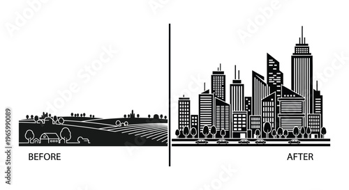 A stark comparison showcasing rural transformation into a modern cityscape presented in a bold silhouette high quality professional detailed elegant stylish