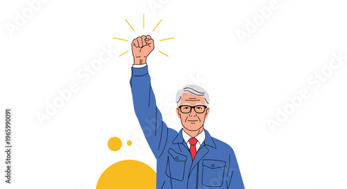 Proud senior male worker in blue uniform raising his fist in victory and looking confident in front of white background.