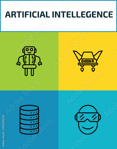 artificial intellegence outline icon set. 4 linear vector for ui, web and mobile. thin line robot, fyling vehicle, database, oculus rift icons.