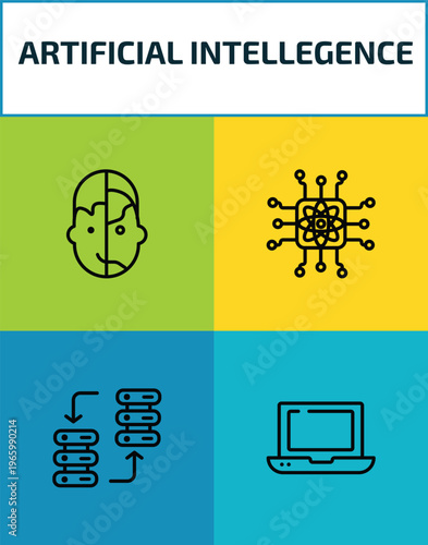 artificial intellegence outline icon set. 4 linear vector for ui, web and mobile. thin line humanoid, quantum computing, data transfer, laptop icons.