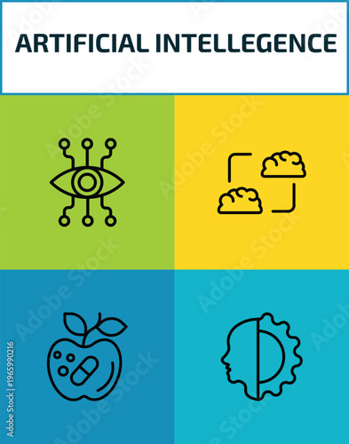 artificial intellegence outline icon set. 4 linear vector for ui, web and mobile. thin line bionic eye, mind transfer, synthetic food, cyborg icons.