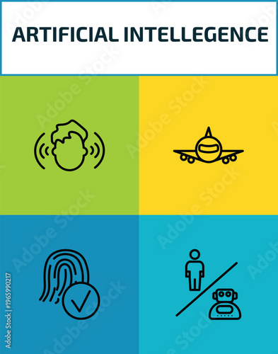 artificial intellegence outline icon set. 4 linear vector for ui, web and mobile. thin line immersive, aeroplane, biometrics, robots and humans icons.