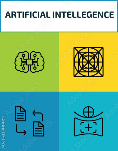 artificial intellegence outline icon set. 4 linear vector for ui, web and mobile. thin line ai brain, ai grid, file transfer, field of view icons.