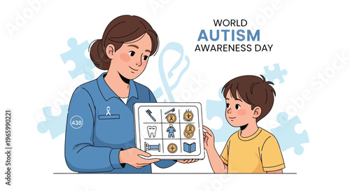 Therapist showing communication icons to a young boy in therapy session