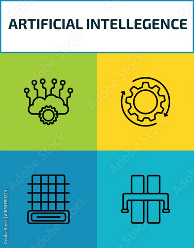 artificial intellegence outline icon set. 4 linear vector for ui, web and mobile. thin line cloud intelligence, processing, difference engine, motorway icons.