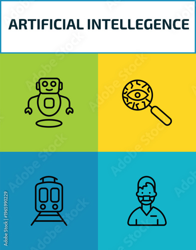 artificial intellegence outline icon set. 4 linear vector for ui, web and mobile. thin line robots, detection, train, nurse icons.