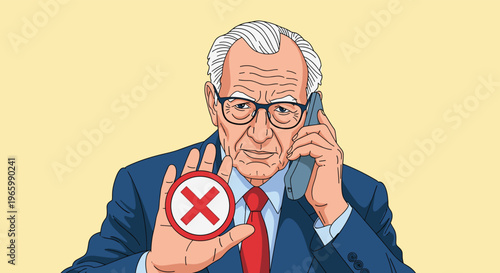 Senior businessman in suit talking on smartphone and holding up his hand with red cross sign to reject something.