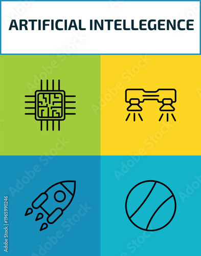 artificial intellegence outline icon set. 4 linear vector for ui, web and mobile. thin line chip, flyboard, rocket, ball icons.