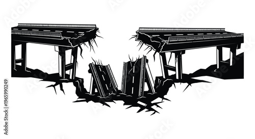 A broken bridge with fragmented concrete and debris falling into a dark abyss presented as a striking silhouette high quality professional