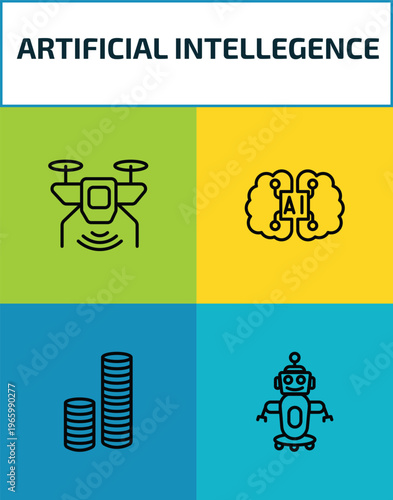 artificial intellegence outline icon set. 4 linear vector for ui, web and mobile. thin line unmanned aerial vehicle, artificial intelligence, coins, robot assistant icons.