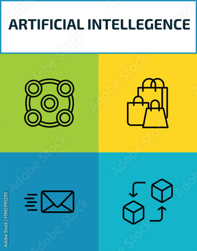 artificial intellegence outline icon set. 4 linear vector for ui, web and mobile. thin line ar camera, shopping bag, mail, replacement icons.