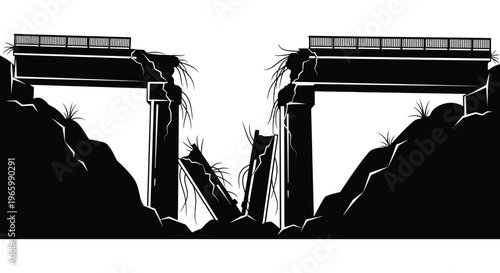 A stark black silhouette depicts ruined classical columns and crumbling architecture against a bright white background silhouette high quality professional detailed