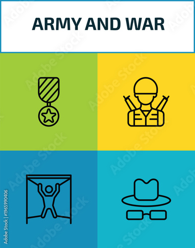 army and war outline icon set. 4 linear vector for ui, web and mobile. thin line in, soldier, torture, secret agent icons.
