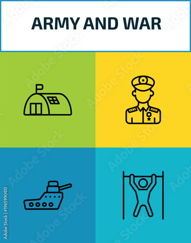army and war outline icon set. 4 linear vector for ui, web and mobile. thin line bunker, general, warship, pull up icons.
