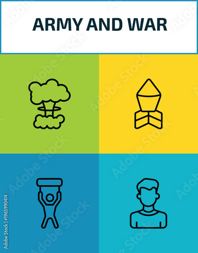 army and war outline icon set. 4 linear vector for ui, web and mobile. thin line bomb detonation, depth charge, revolt, civilian icons.