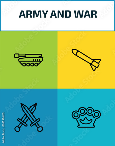 army and war outline icon set. 4 linear vector for ui, web and mobile. thin line tank, launcher, combat, knuckle icons.