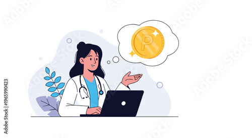 Professional female doctor working on a laptop while thinking about earning points or rewards symbolized by a gold coin icon.