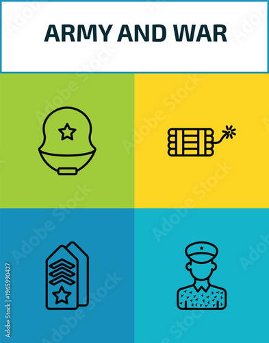 army and war outline icon set. 4 linear vector for ui, web and mobile. thin line military helmet, dynamite, shoulder strap, conscription icons.