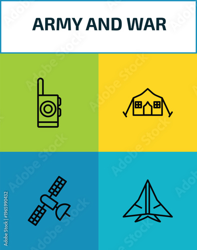 army and war outline icon set. 4 linear vector for ui, web and mobile. thin line walkie talkie, militar tent, military satellites, stealth icons.