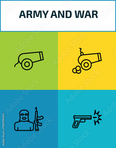 army and war outline icon set. 4 linear vector for ui, web and mobile. thin line canon, artillery, terrorist, gun shooting icons.
