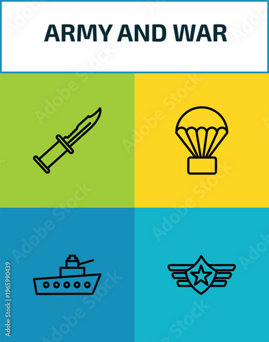 army and war outline icon set. 4 linear vector for ui, web and mobile. thin line combat knife, parachute, naval, air force icons.