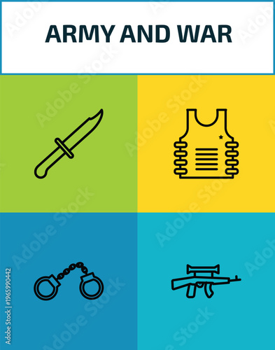 army and war outline icon set. 4 linear vector for ui, web and mobile. thin line knife, bulletproof, pair of handcuffs, assault icons.