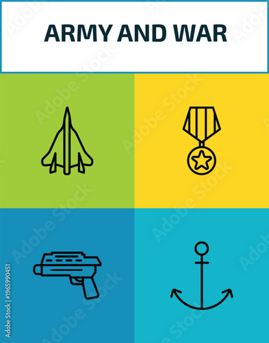 army and war outline icon set. 4 linear vector for ui, web and mobile. thin line fighter plane, condecoration, grenade launcher, anchor icons.