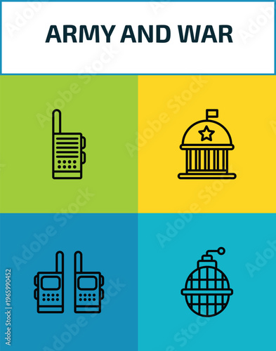 army and war outline icon set. 4 linear vector for ui, web and mobile. thin line militar radio, federal agency, two way radio, whizbang with rong icons.