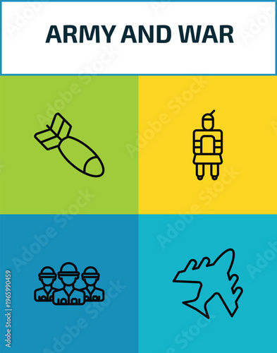 army and war outline icon set. 4 linear vector for ui, web and mobile. thin line airplane bomb, , brigade, plane icons.