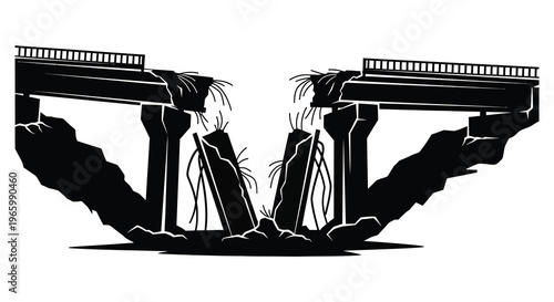 A broken bridge depicted in a stark black and white illustration showing destruction and fragility silhouette high quality professional detailed modern