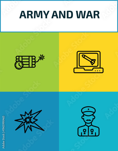 army and war outline icon set. 4 linear vector for ui, web and mobile. thin line time bomb with clock, computer, explosion, veteran icons.