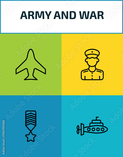 army and war outline icon set. 4 linear vector for ui, web and mobile. thin line airplane, officer, militar in, submarine front view icons.