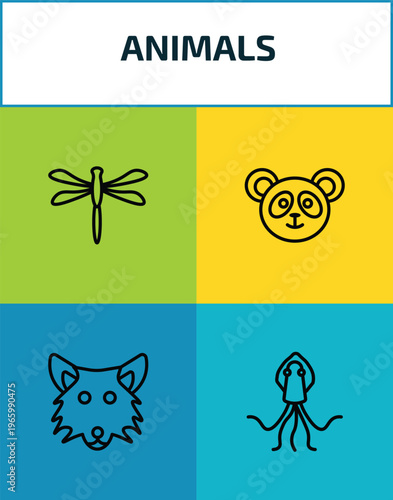 animals outline icon set. 4 linear vector for ui, web and mobile. thin line dragonflay, panda bear, wolf, squid icons.