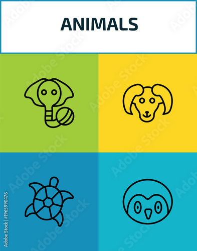 animals outline icon set. 4 linear vector for ui, web and mobile. thin line elephant on a ball, male sheep, turtle, penguin icons.
