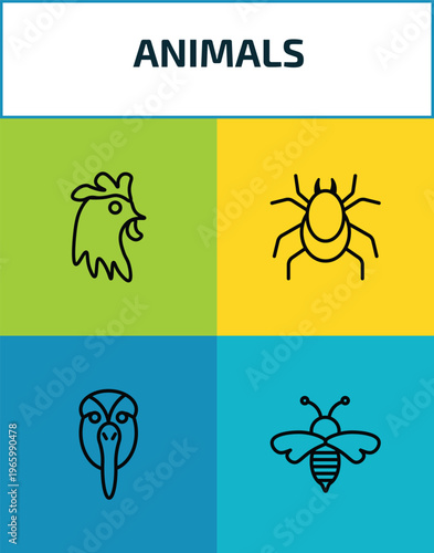 animals outline icon set. 4 linear vector for ui, web and mobile. thin line cock, mite, albotros, wasp icons.