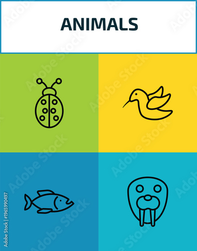 animals outline icon set. 4 linear vector for ui, web and mobile. thin line ladybug, colibri, piranha, walrus icons.