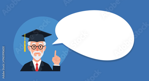 Senior academic graduate in a cap and gown pointing upwards next to a large blank speech bubble for educational tips or advice.