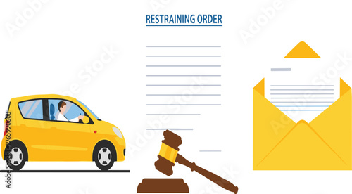 Legal concept vector illustration of a restraining order document with a wooden gavel, an open envelope, and a car.