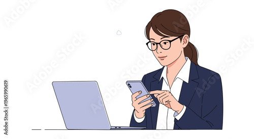 Focused young businesswoman using her smartphone while working on a laptop computer in a clean and modern professional setting.