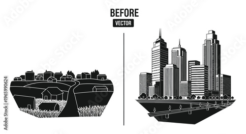 A striking black and white cityscape illustration contrasts rural scenes showcasing a bold graphic silhouette high quality professional detailed modern elegant
