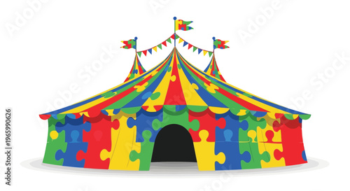 Circus tent decorated with colorful puzzle pieces for autism awareness