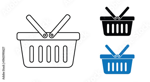 Collection of shopping basket icons in outline, black, and blue colors representing online and in-store retail purchases