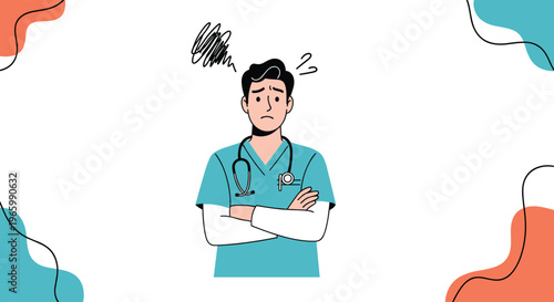Concerned male doctor with arms crossed and a scribble over his head representing confusion or stress in a medical environment.
